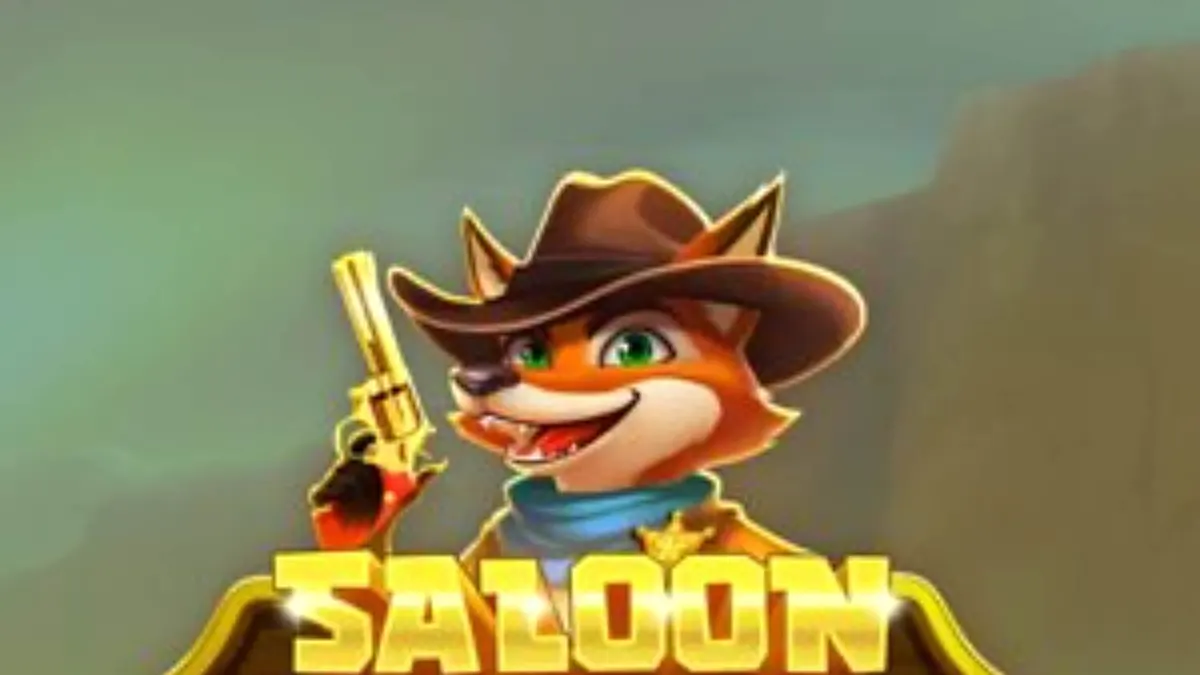 Sheriff rubah di depan latar belakang saloon Wild West dalam slot Saloon Showdown 10,000x