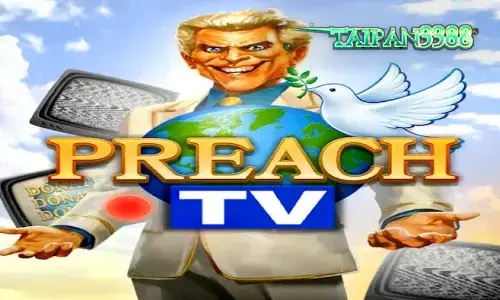 Tampilan layar utama slot Preach TV dengan tema studio televisi retro
